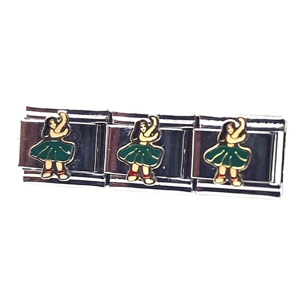 Silver Hula Dancer Italian Charm Links Stainless Steel Enamel Lot Of 3 Beach